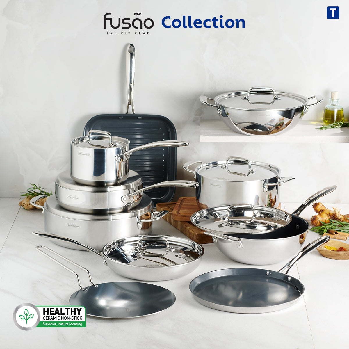 Fusao EX+ 30cm Ceramic Stainless Steel Tri-Ply Biryani Lagan with SS Lid - 6.2L