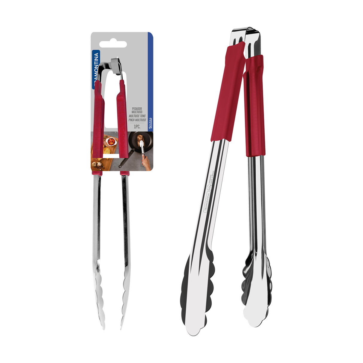 Stainless steel Tramontina India multiuse tongs with red rubber handle, 30 cm long for grilling and cooking.