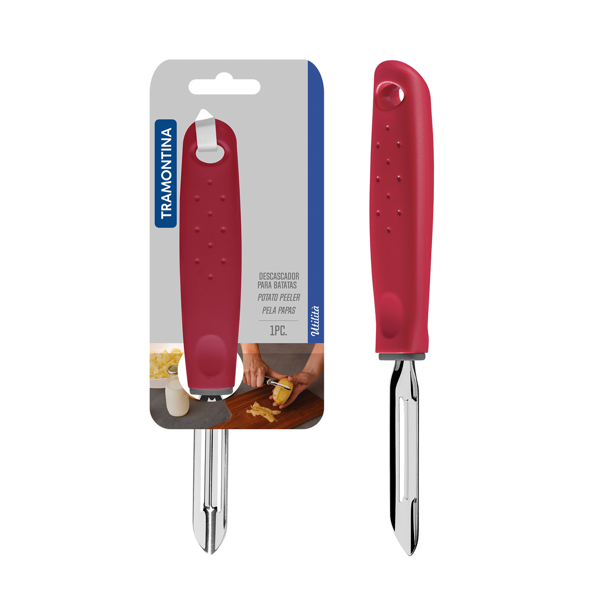 Tramontina India Utilitá stainless steel manual potato peeler with red polypropylene handle for easy peeling.
