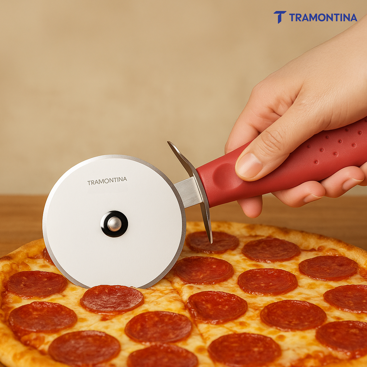 Stainless steel Tramontina India pizza cutter with red handle, designed for easy slicing of pizzas and baked goods.