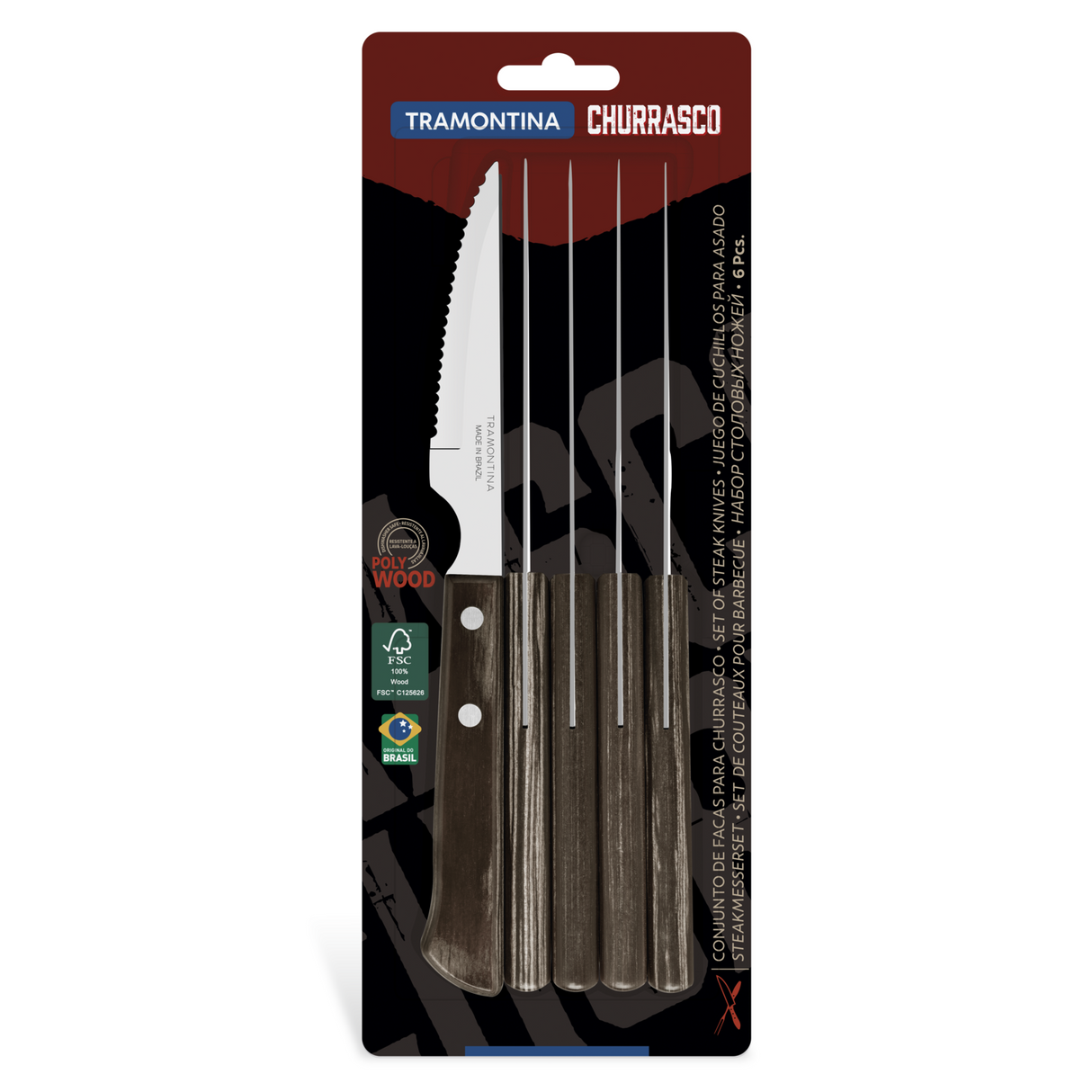 Set of six Tramontina India Polywood steak knives with brown handles, featuring sharp blades for precise slicing.