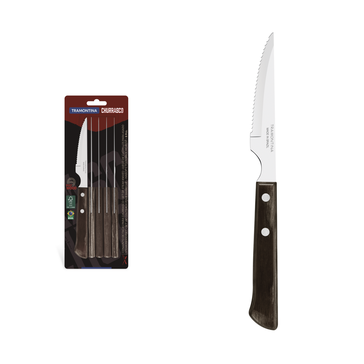 Set of six Tramontina India Polywood brown steak knives with stainless steel blades and ergonomic handles.