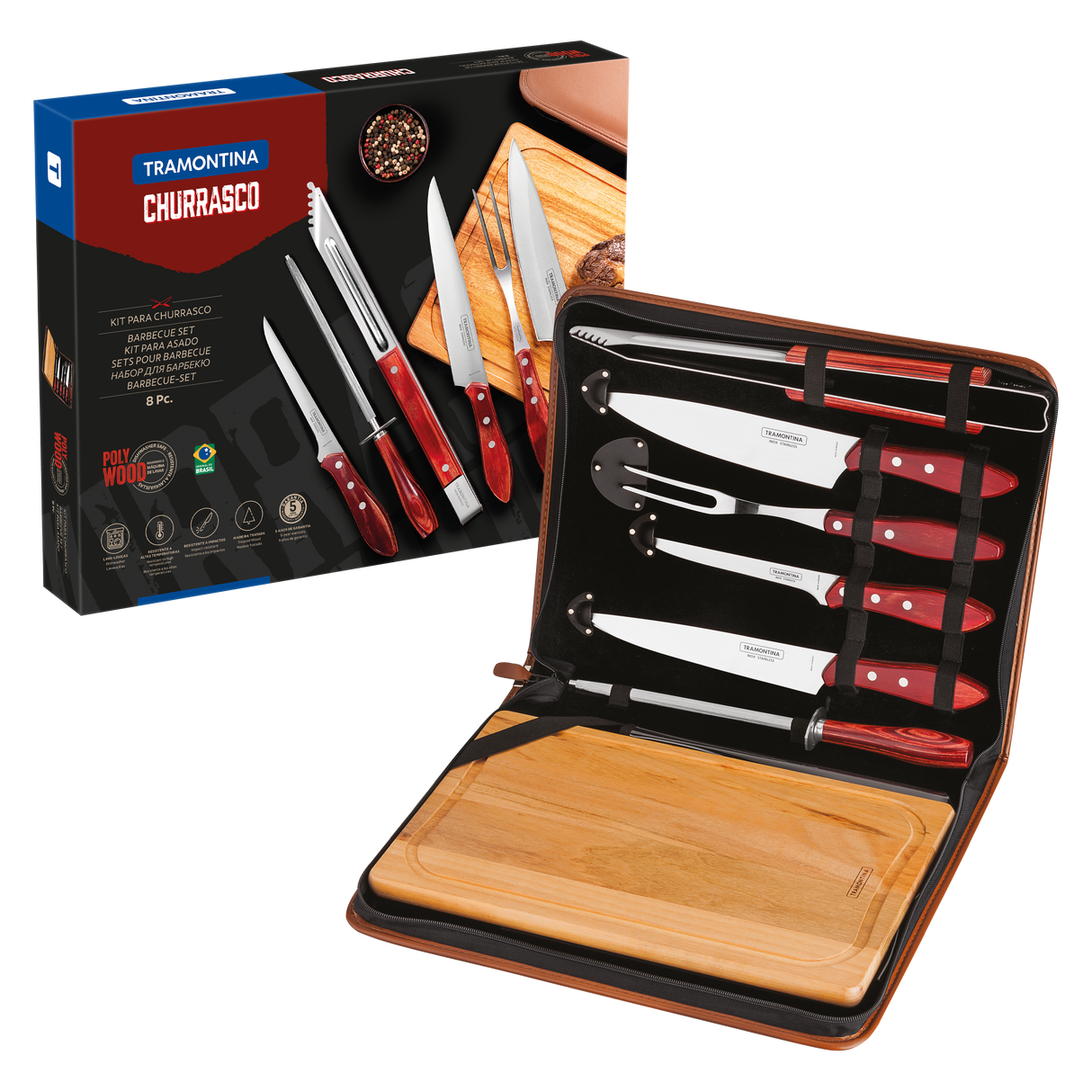 BBQ Kit with Stainless Steel Blades and Red Polywood Handles, with Cutting Board and Case, 8 Pieces