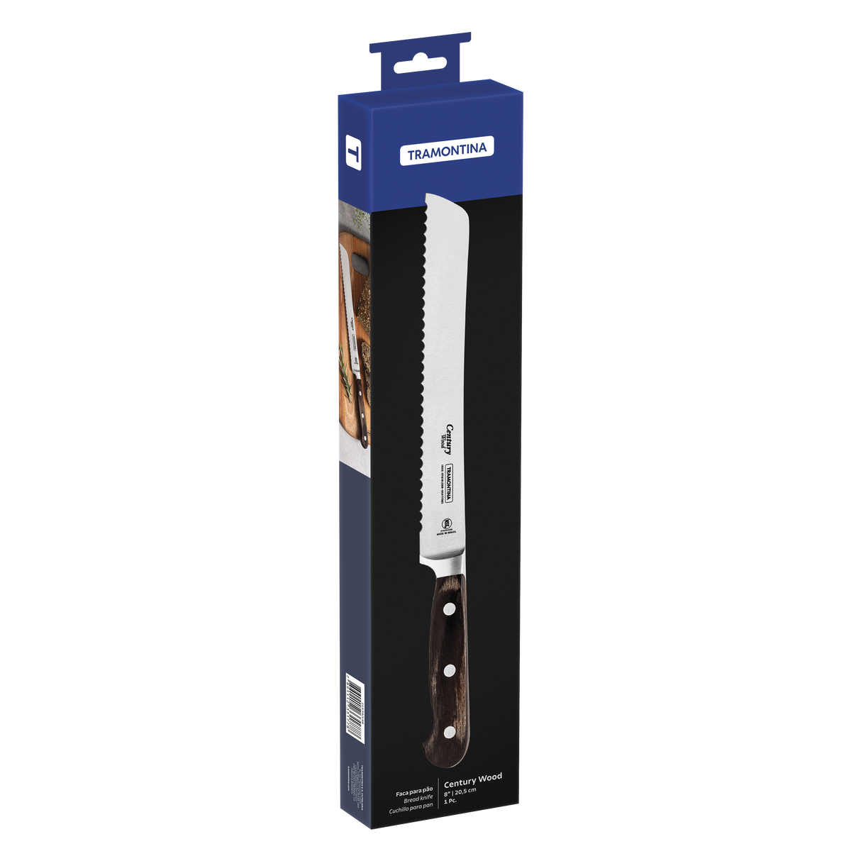 Century Wood Bread Knife with Stainless Steel Blade and Treated Brown Wood Handle 8"