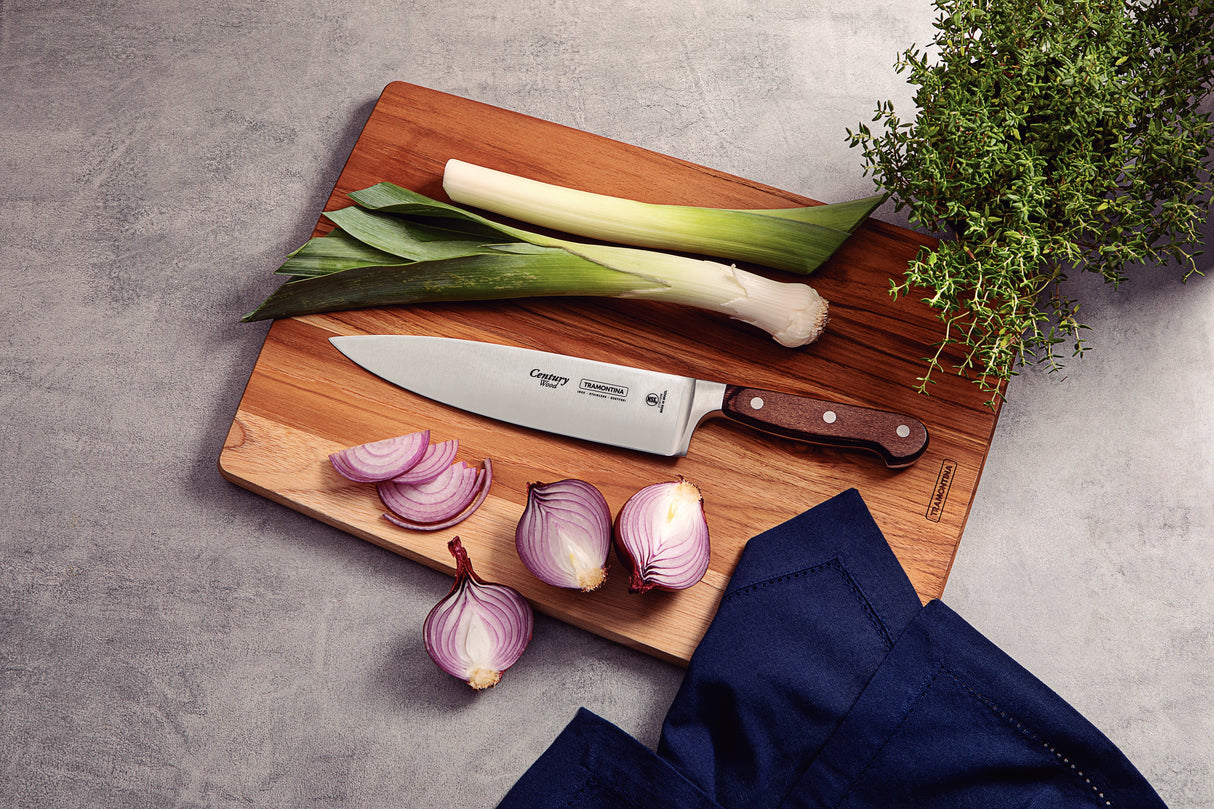 Century Wood Chef's Knife with Stainless Steel Blade and Treated Brown Wood Handle, 8"