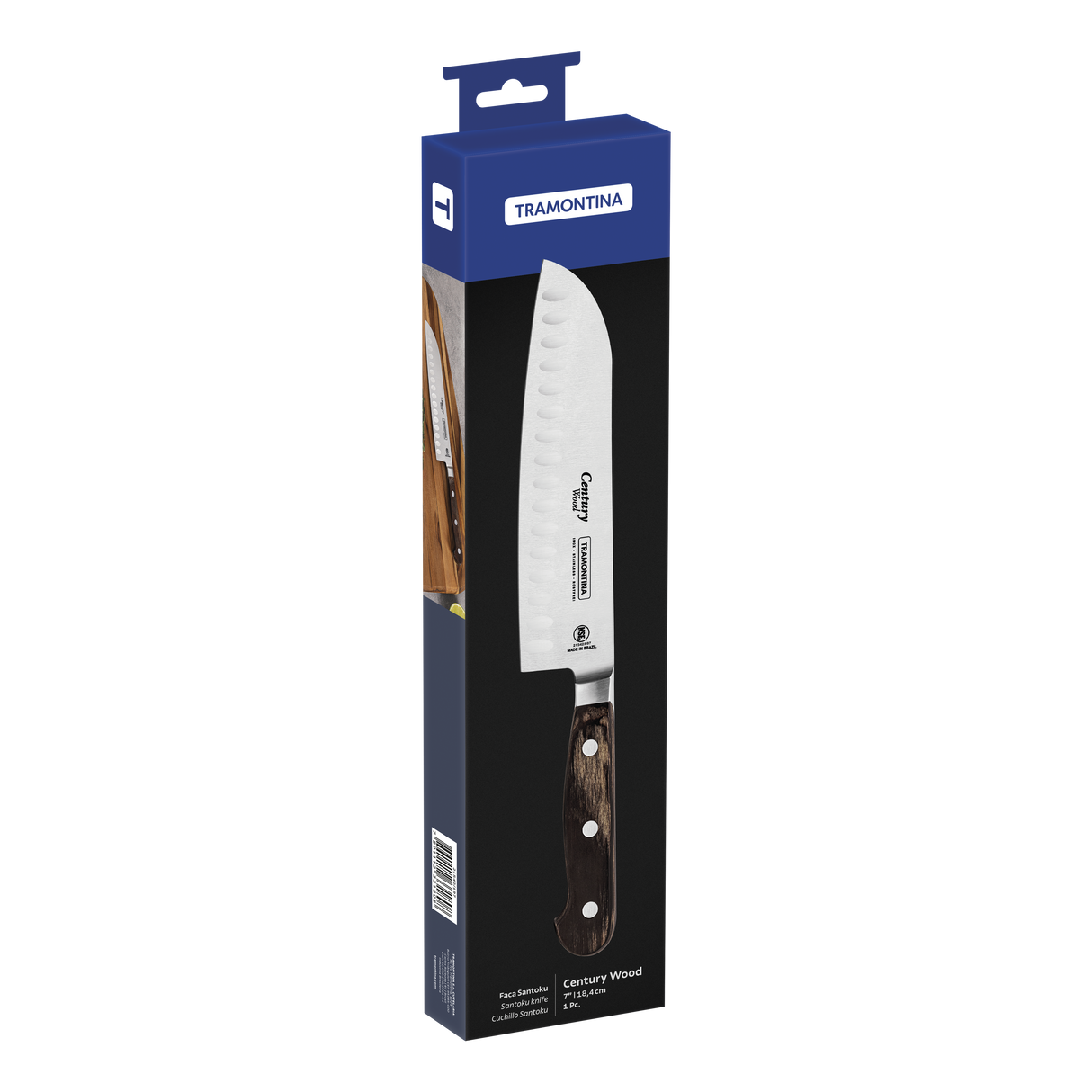 Century Wood Santoku Knife with Stainless Steel Blade and Treated Brown Wood Handle, 7"
