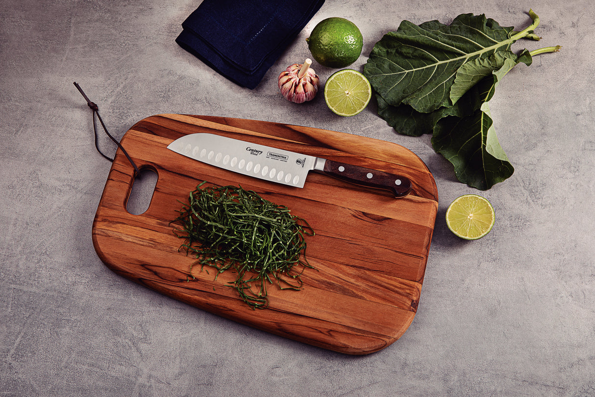 Century Wood Santoku Knife with Stainless Steel Blade and Treated Brown Wood Handle, 7"