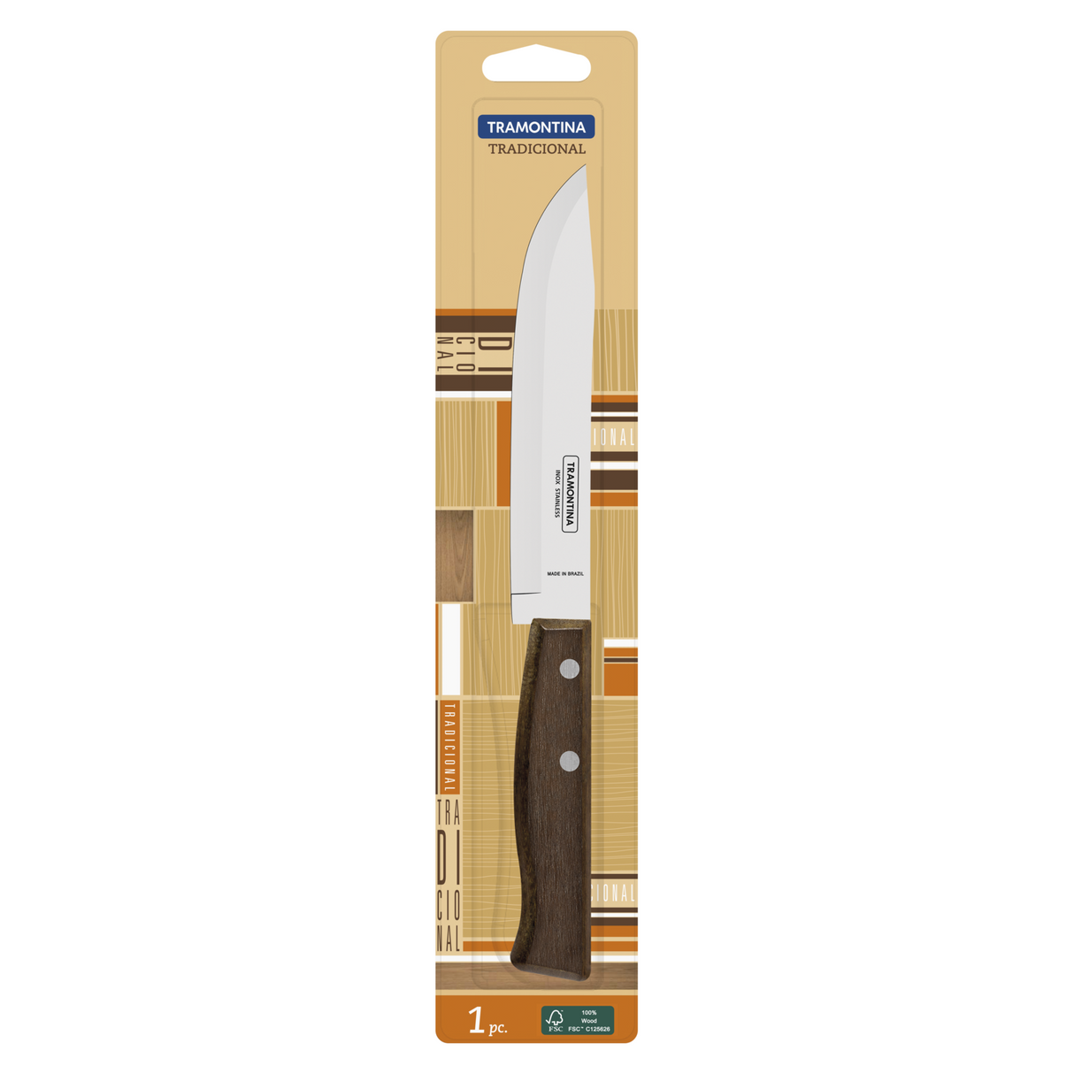 Traditional Tramontina India 15 cm kitchen knife with wood handle, sharp blade for precise cutting in the kitchen.