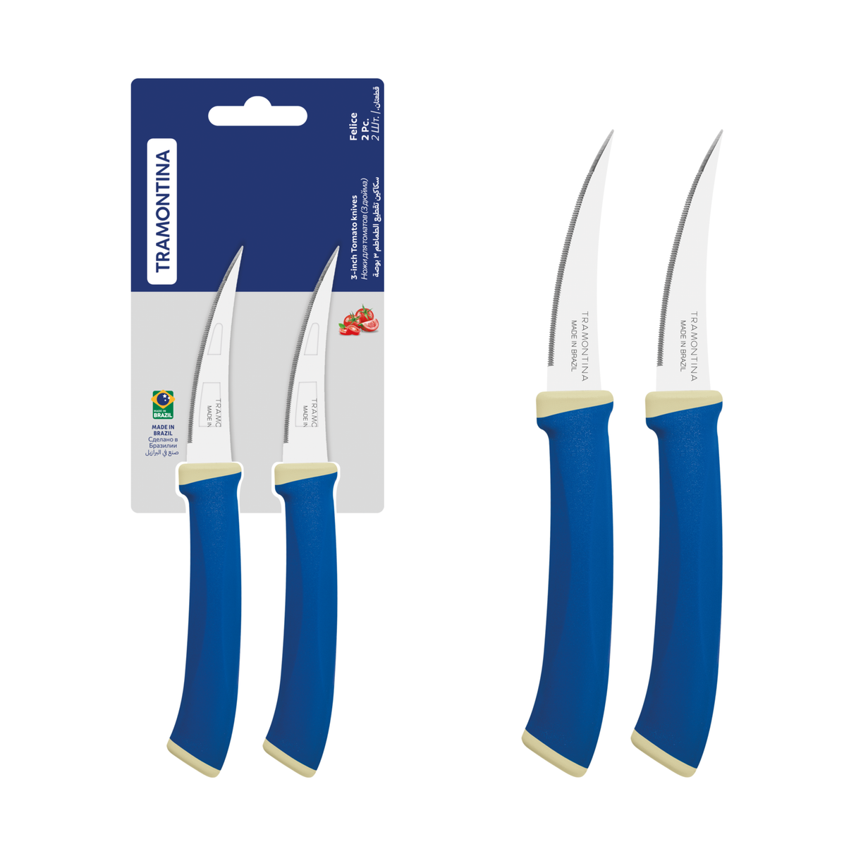 Felice 2-piece tomato knife set with stainless steel blades and blue polypropylene handles