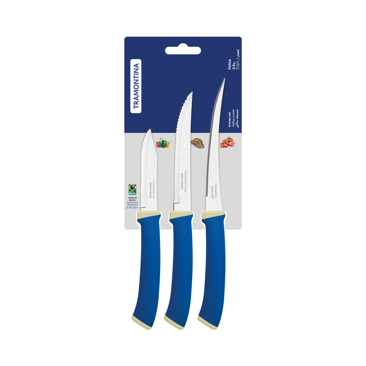 Felice knife set with stainless steel blades and blue polypropylene handles, 3 pieces