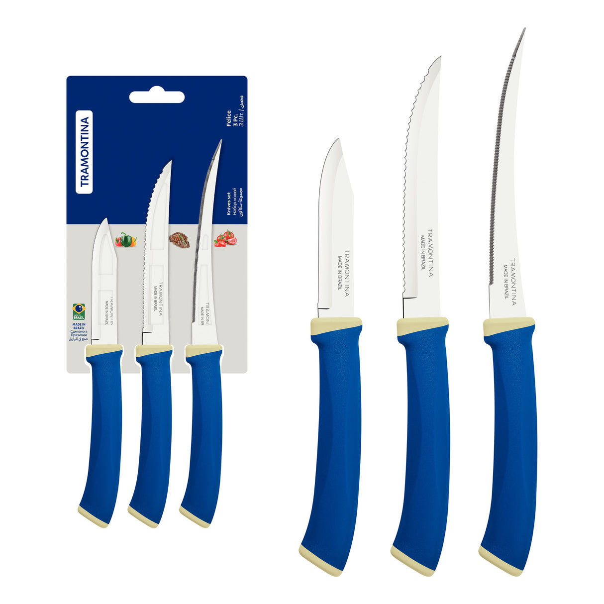 Felice knife set with stainless steel blades and blue polypropylene handles, 3 pieces