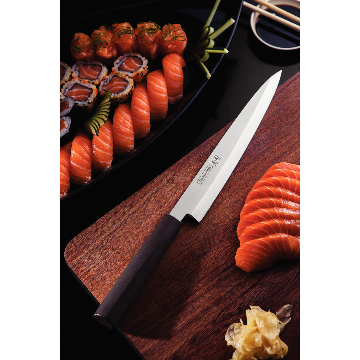 Tramontina India 22 cm sushi yanagiba knife with a brown handle, ideal for precise slicing of fish and sushi ingredients.