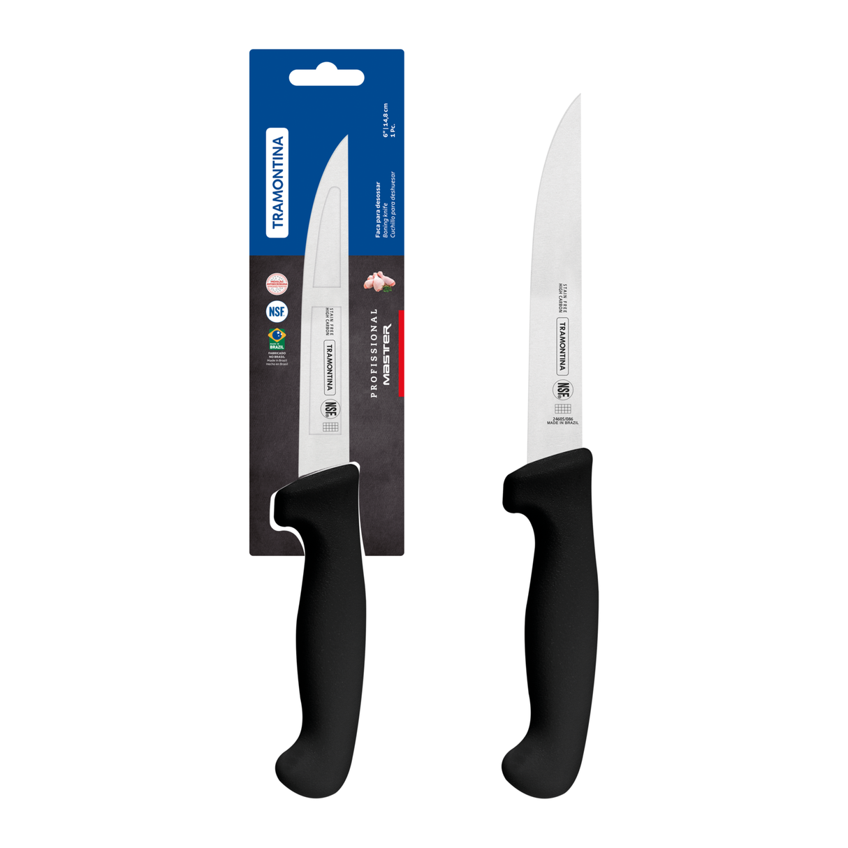 Black Tramontina India 15 cm boning knife with a sharp blade for precise meat cutting, ideal for professional kitchen use.