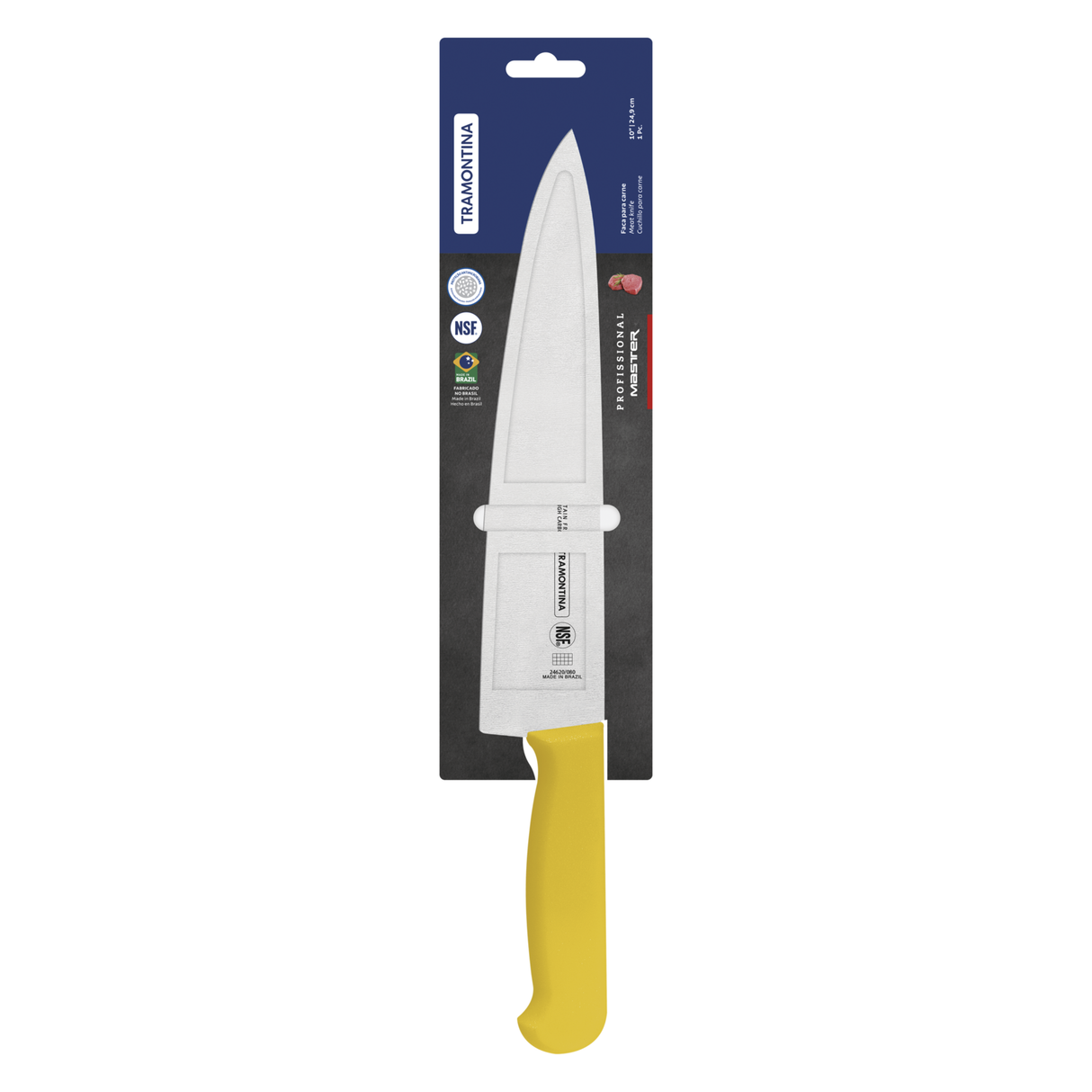 Yellow professional 25cm Tramontina India chef knife with a sleek blade for precise cutting and culinary tasks.