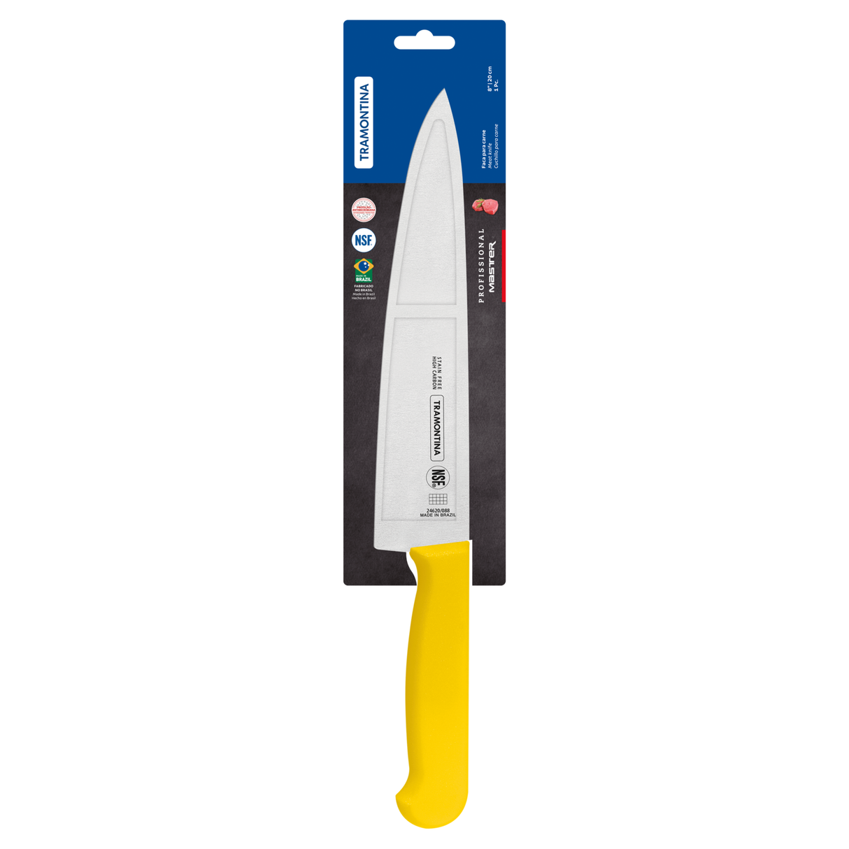 Yellow 20 cm Tramontina India chef knife with a professional 8-inch blade, ideal for precise meat and culinary prep.