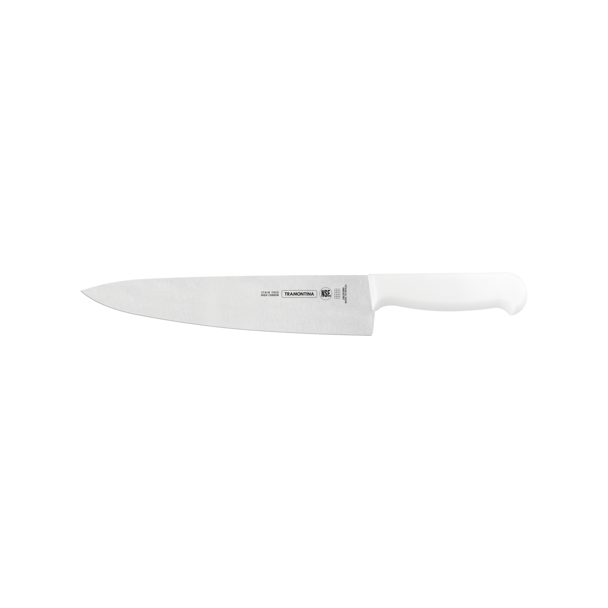 White 10-inch Tramontina India professional chef knife with sharp stainless steel blade for precise meat and culinary cutting.