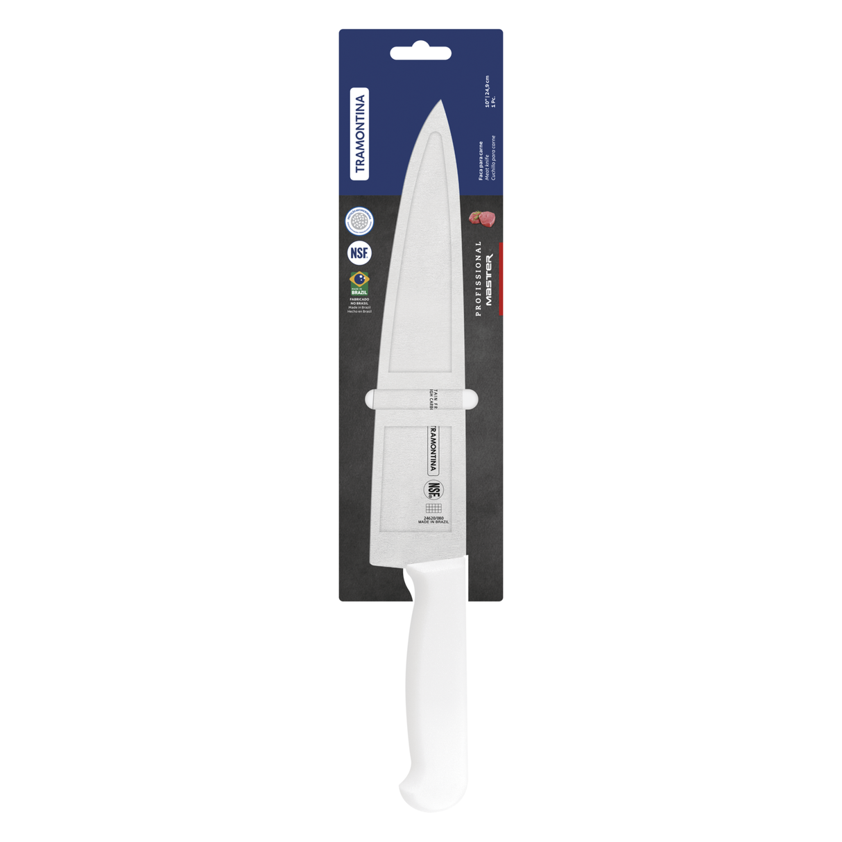 White 25 cm Tramontina India chef knife with a sharp stainless steel blade, ideal for professional meat and culinary preparation.