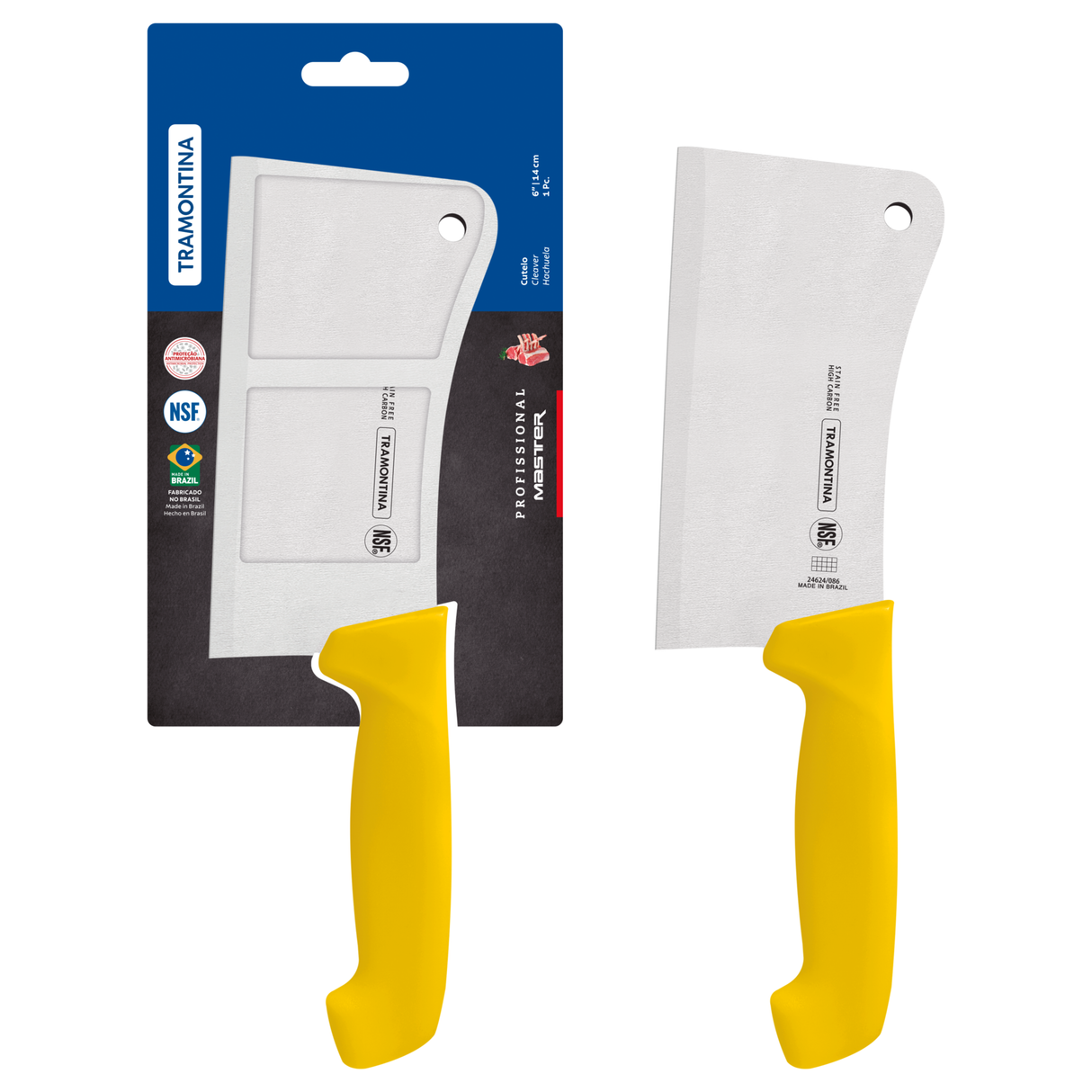 Yellow Tramontina India professional 15 cm cleaver knife with a sharp blade and ergonomic handle, ideal for heavy chopping tasks.