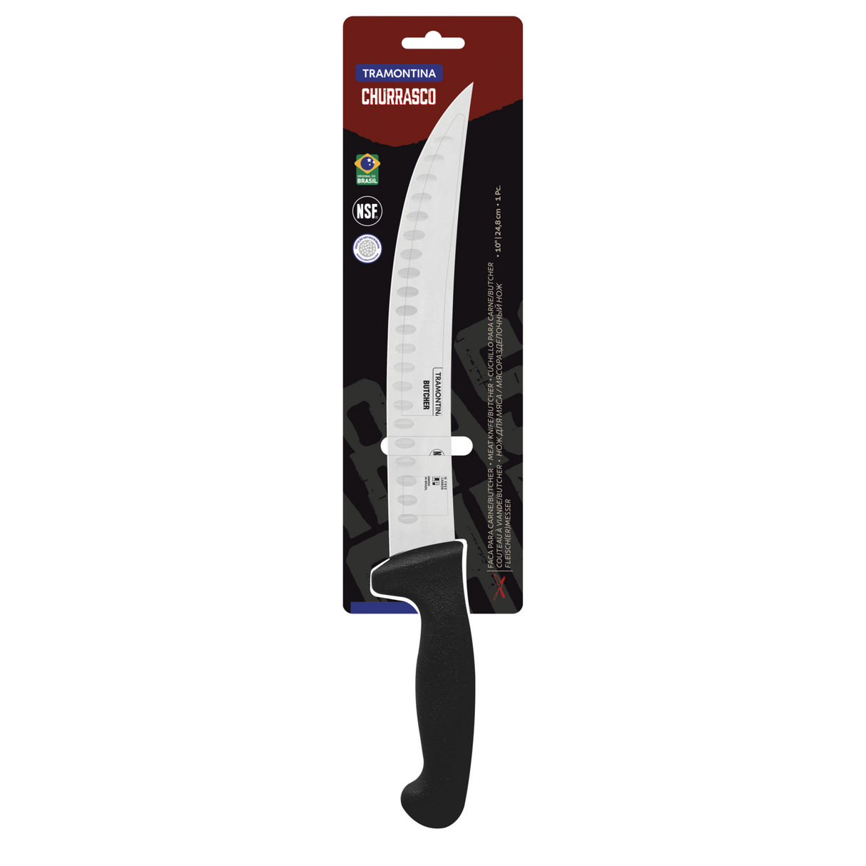 Black Tramontina India professional butcher knife, 25 cm (10-inch) blade with ergonomic handle, perfect for meat cutting and butchering.