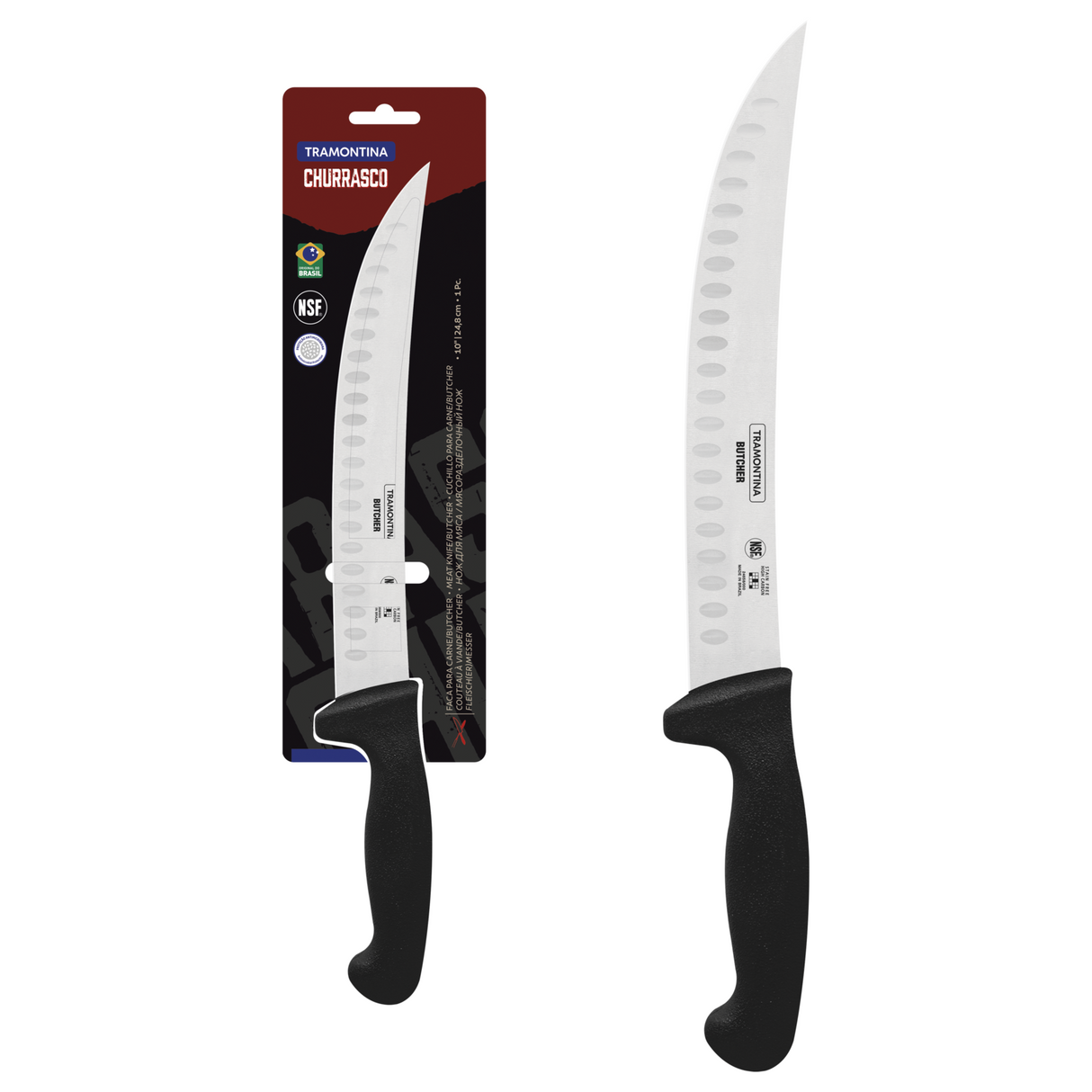 Black 25 cm Tramontina India butcher knife with a sharp blade and ergonomic handle, ideal for professional meat cutting.