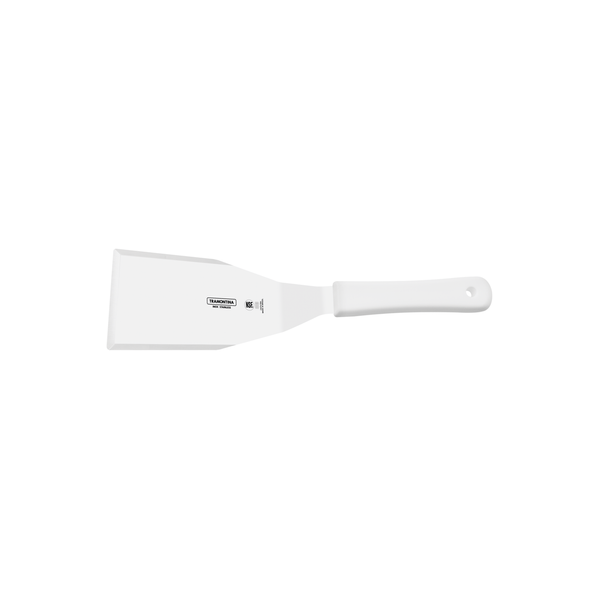 White 15 cm Tramontina India professional hamburger spatula with a sturdy metal handle for grilling and flipping burgers.