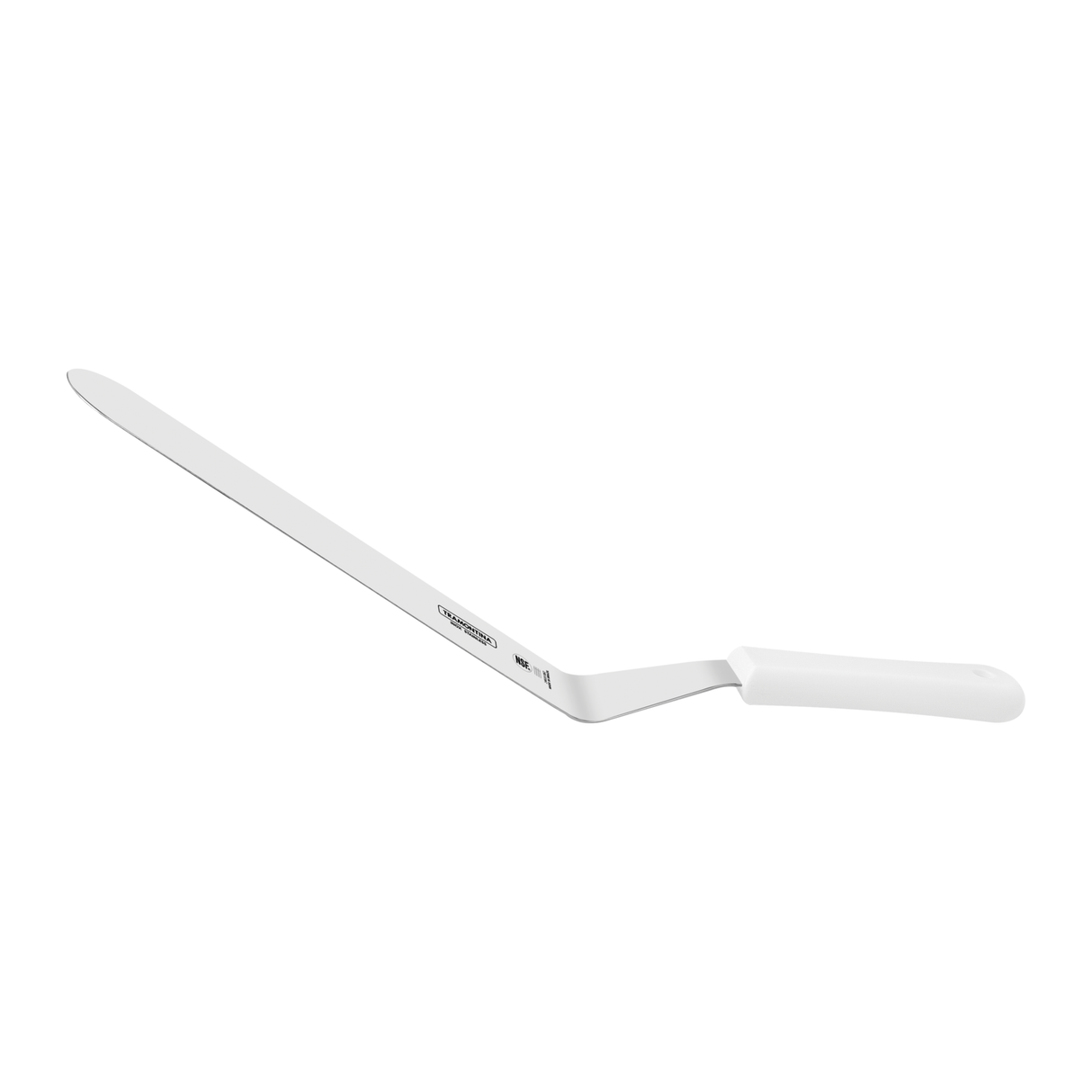 White 12-inch professional pastry spatula by Tramontina India, showing a sturdy metal blade and ergonomic handle for baking tasks.