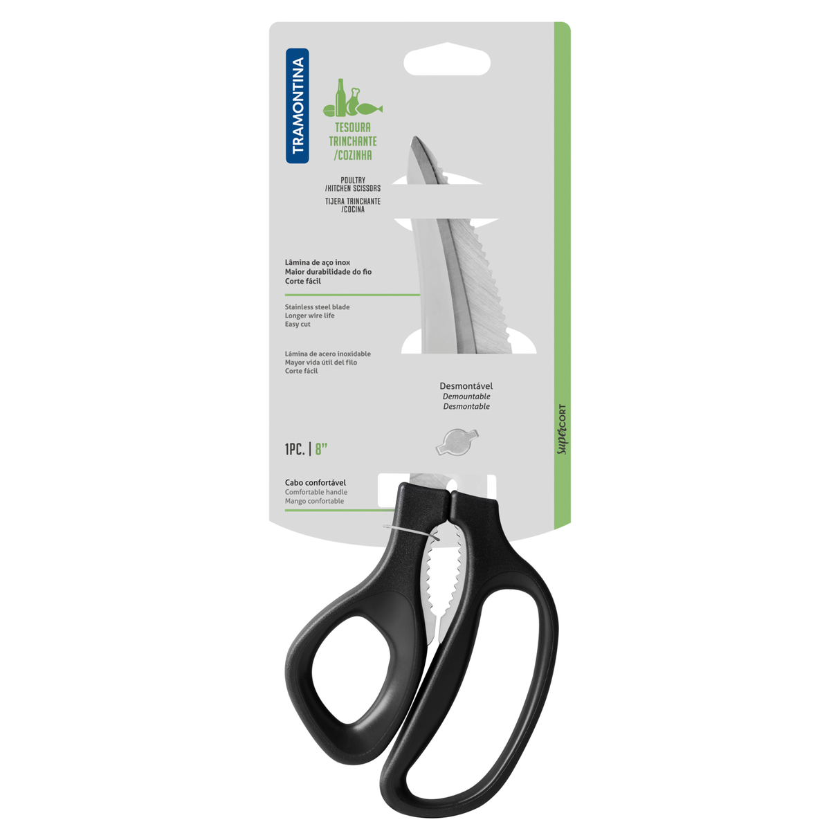 Black Tramontina India Supercut Kitchen Scissors, 20 cm (8 inches), with stainless steel blades and ergonomic handles.
