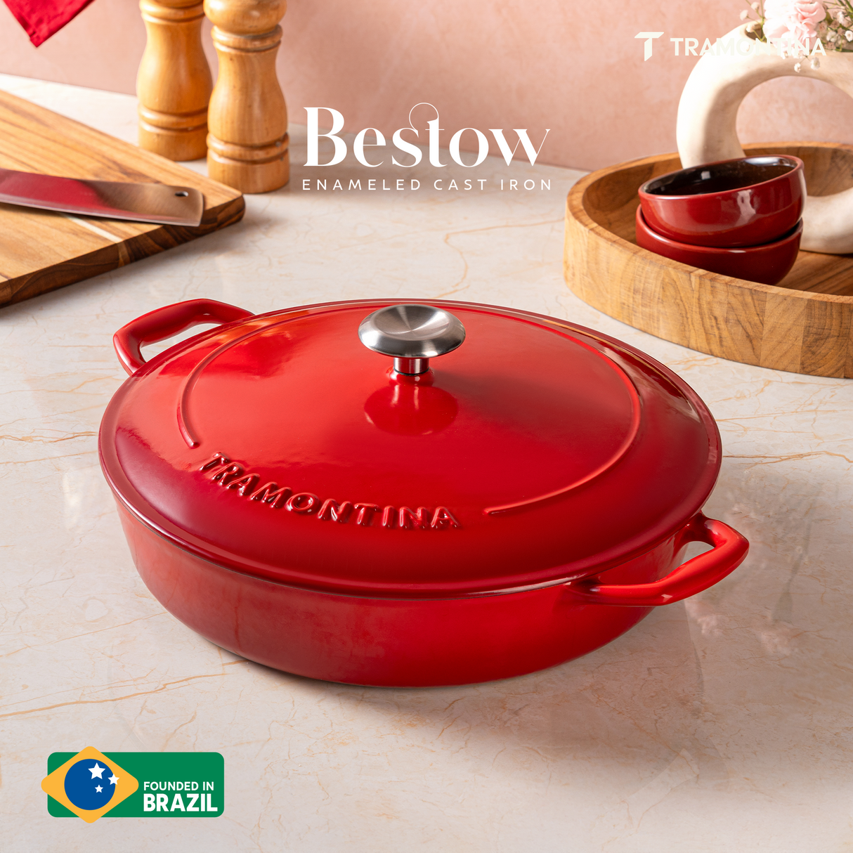 Tramontina India Bestow enameled cast iron round braiser in gradated red, 3.8L, showcasing its sturdy cookware design.