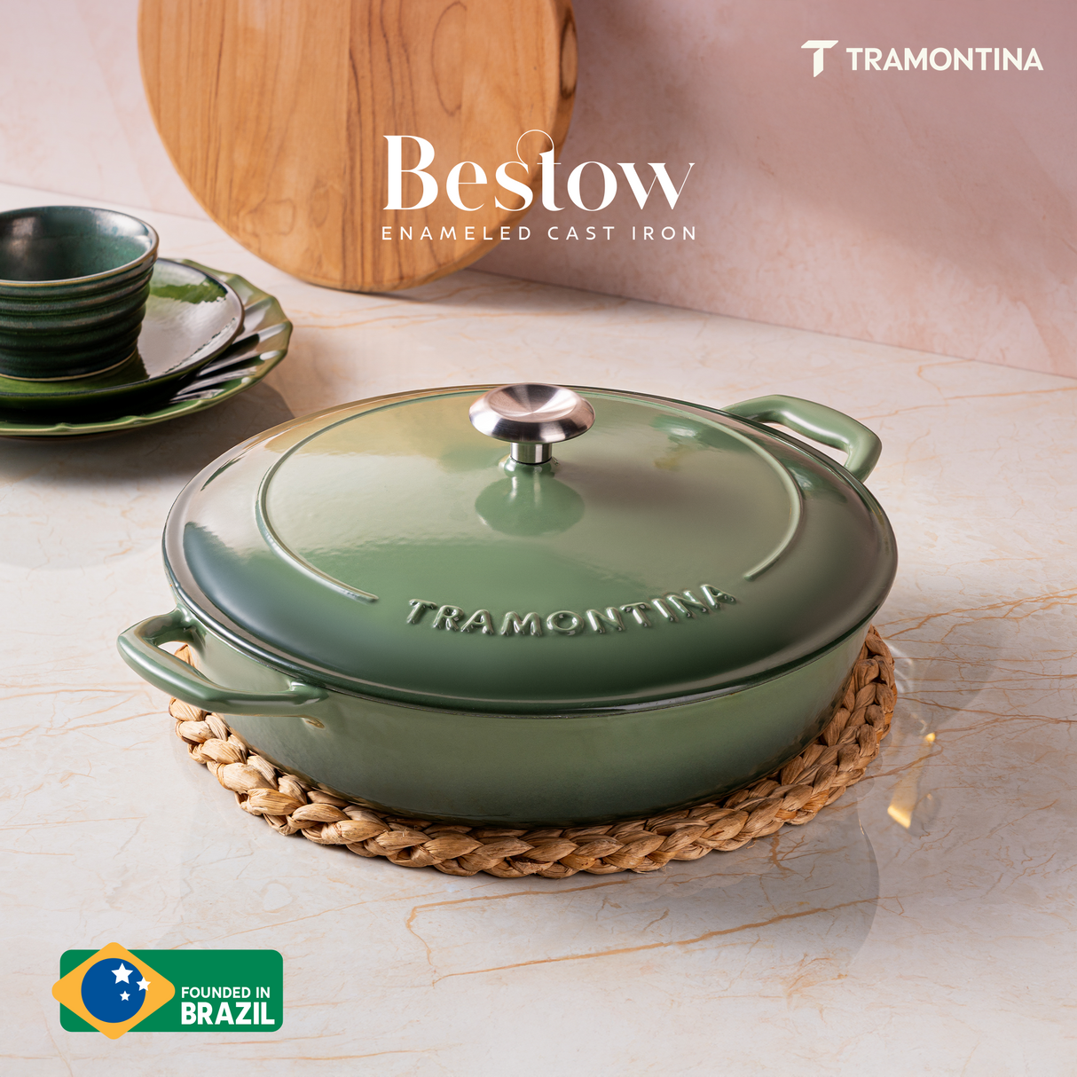 Tramontina India Bestow enameled cast iron round braiser in cactus green, 3.8L, showing a sturdy, colorful cookware with a lid.