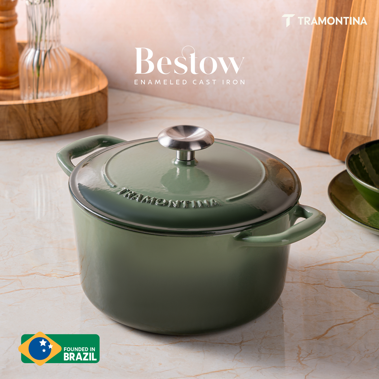 Tramontina India Bestow enameled cast iron round Dutch oven in cactus green, 3.3L, with a sturdy lid and smooth enamel finish.