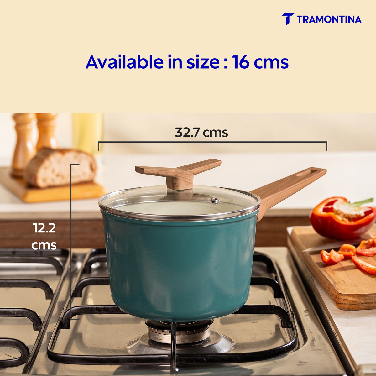 Tramontina Spectra Forged 16 cm saucepan with stainless steel handle, showcasing a shiny, durable cookware piece.