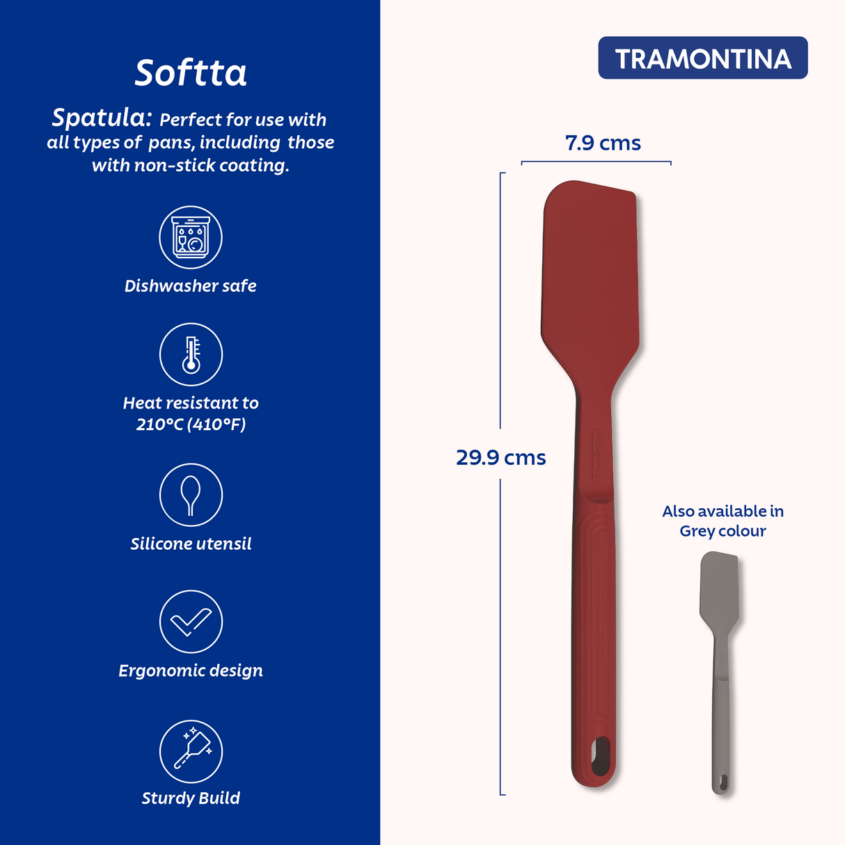 Red Softta Silicone Spatula by Tramontina India, showing a flexible silicone spatula with a red handle and head for cooking and baking.