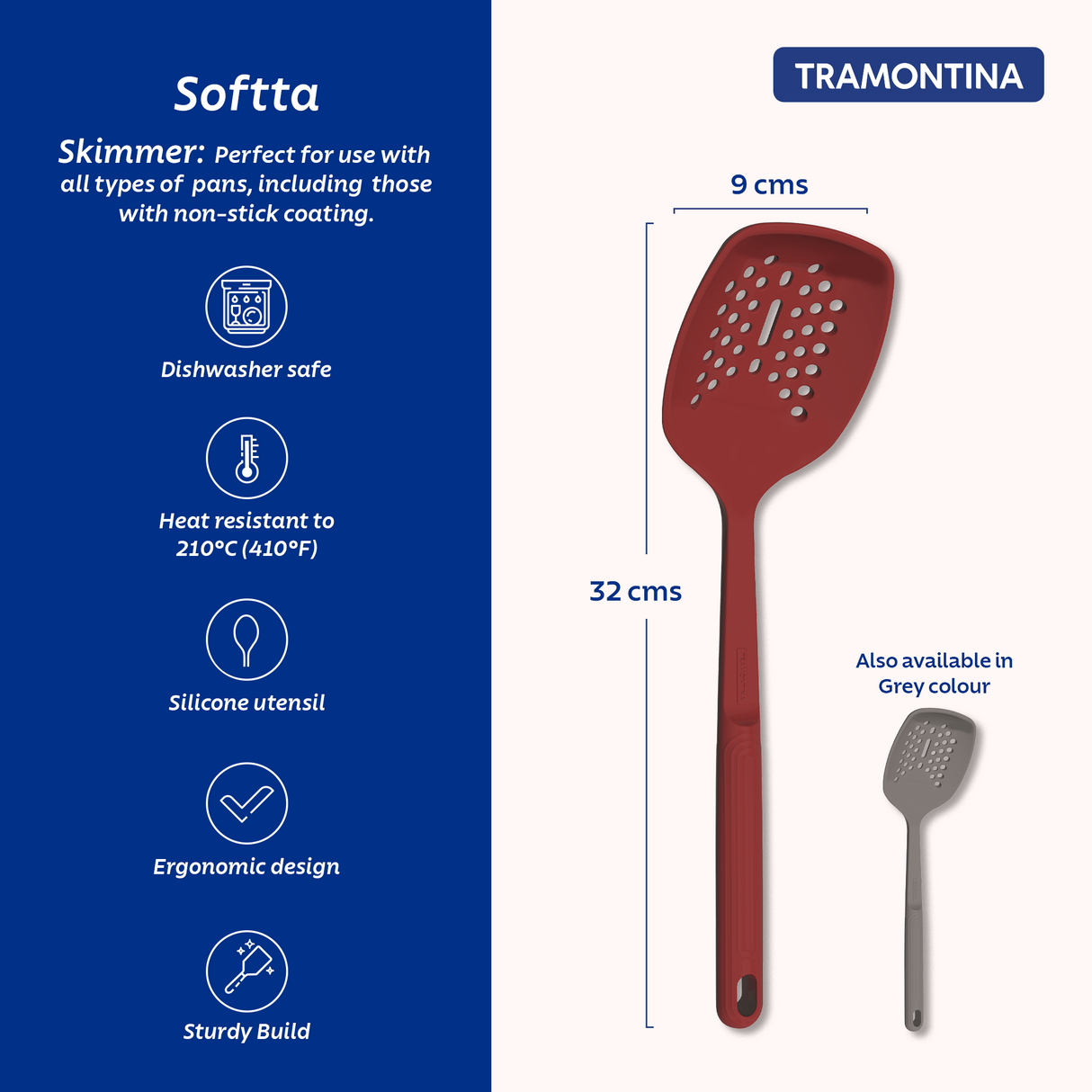 Red Softta Silicone Skimmer by Tramontina India with a wide silicone scoop and ergonomic handle for kitchen cooking.