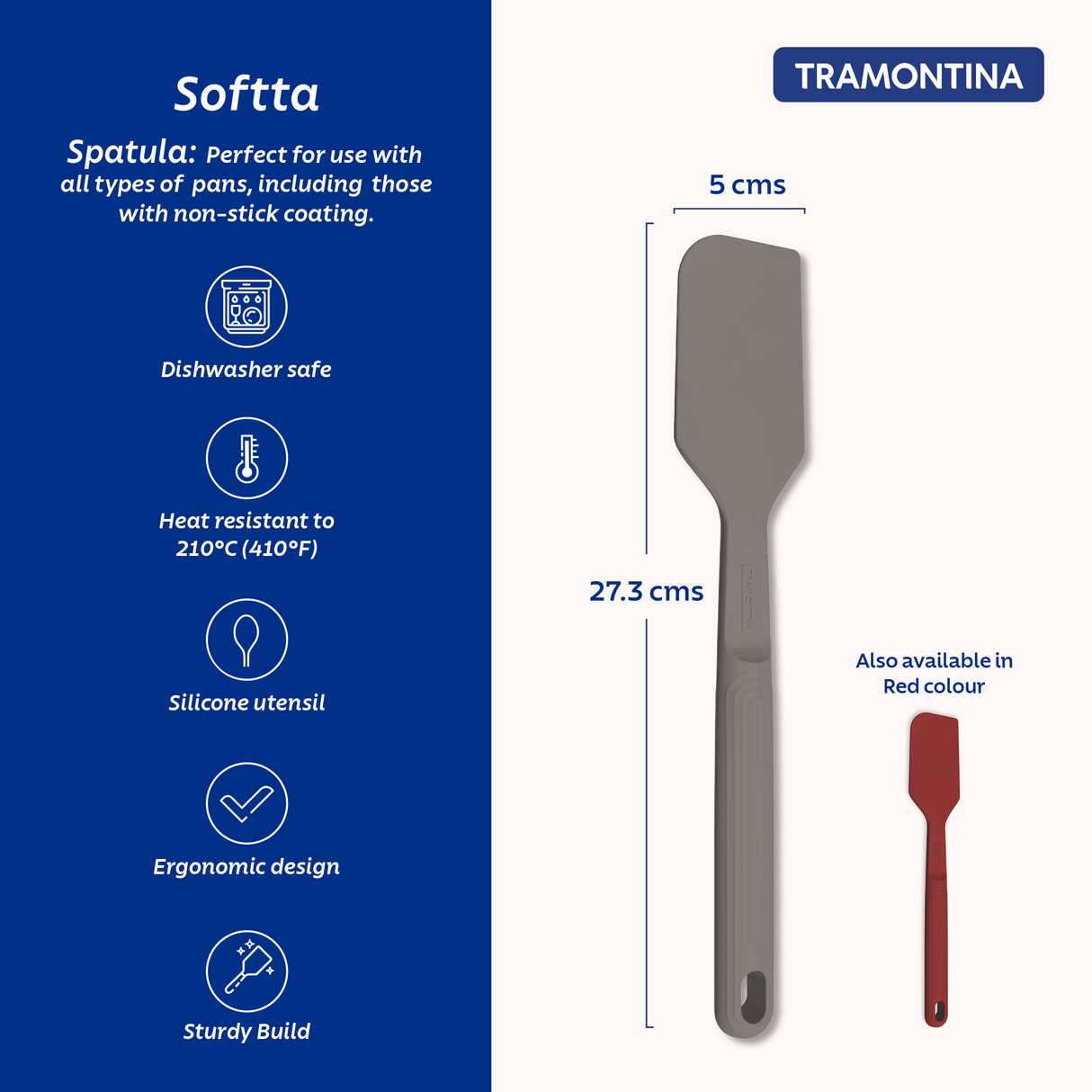 Grey Softta silicone spatula by Tramontina India, with a flexible silicone head and ergonomic handle for cooking and baking.