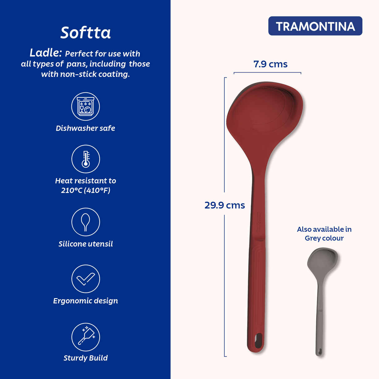 Red Softta silicone ladle by Tramontina India with a comfortable handle, ideal for serving soups and sauces.