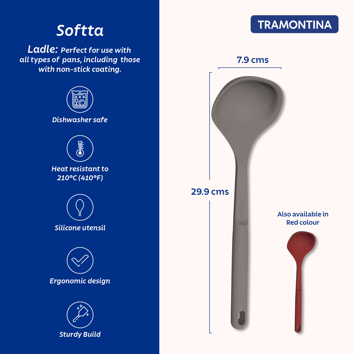 Grey Softta silicone ladle by Tramontina India with a comfortable handle, suitable for serving soups and sauces.