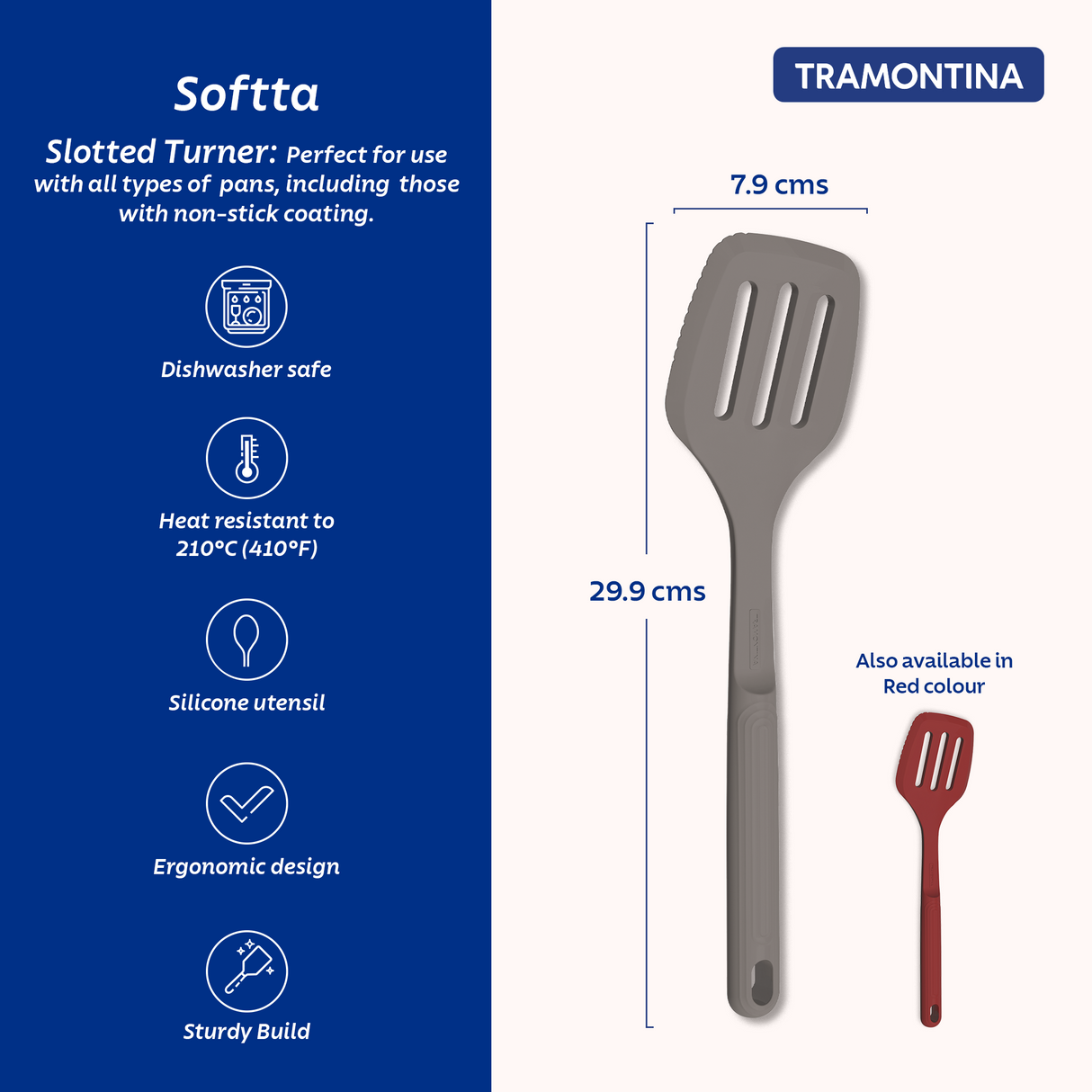 Grey Softta silicone hollow turner spatula by Tramontina India, with a flexible silicone head and ergonomic handle for cooking.