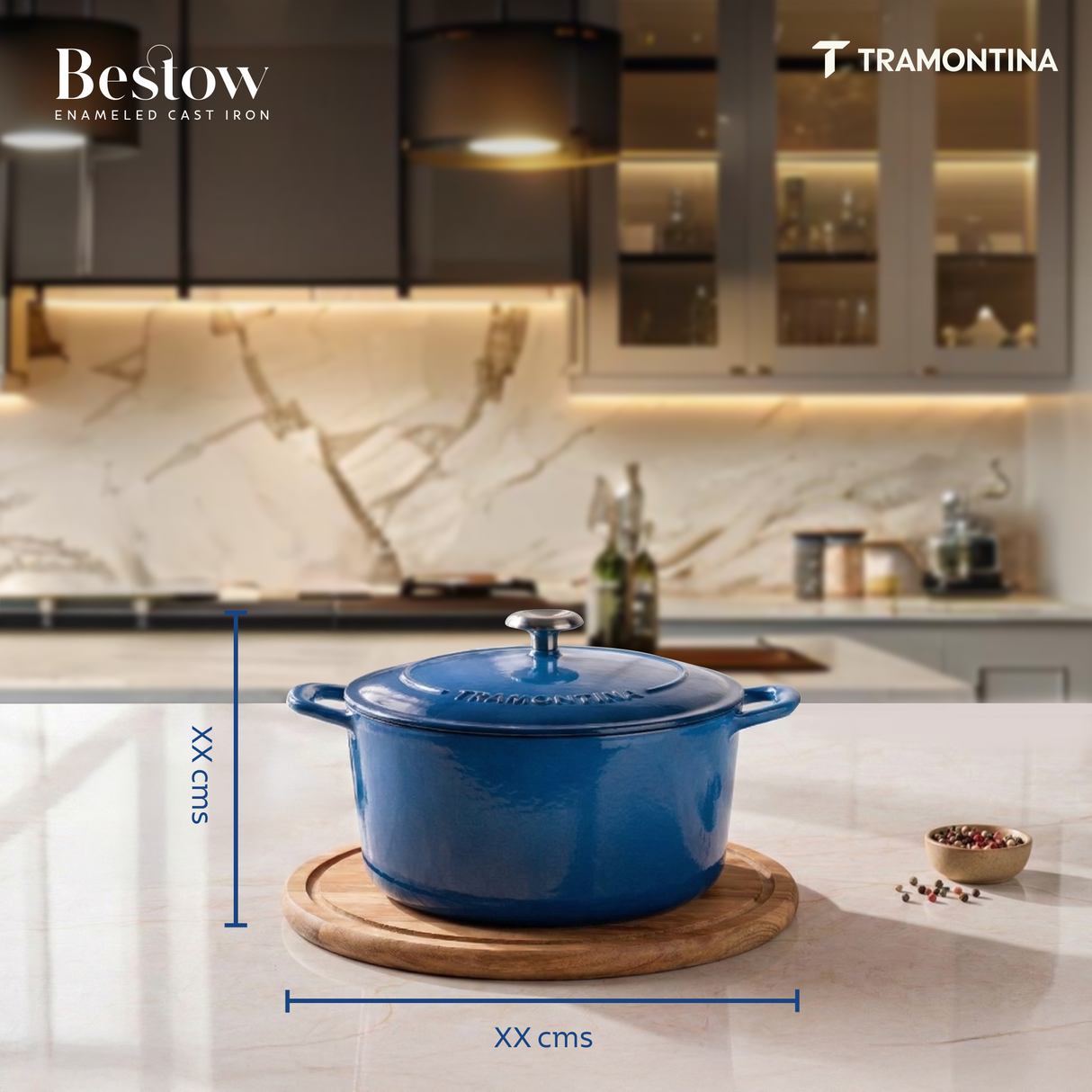 Tramontina India Bestow enameled cast iron round Dutch oven in medium blue, 3.3L casserole pot with lid.