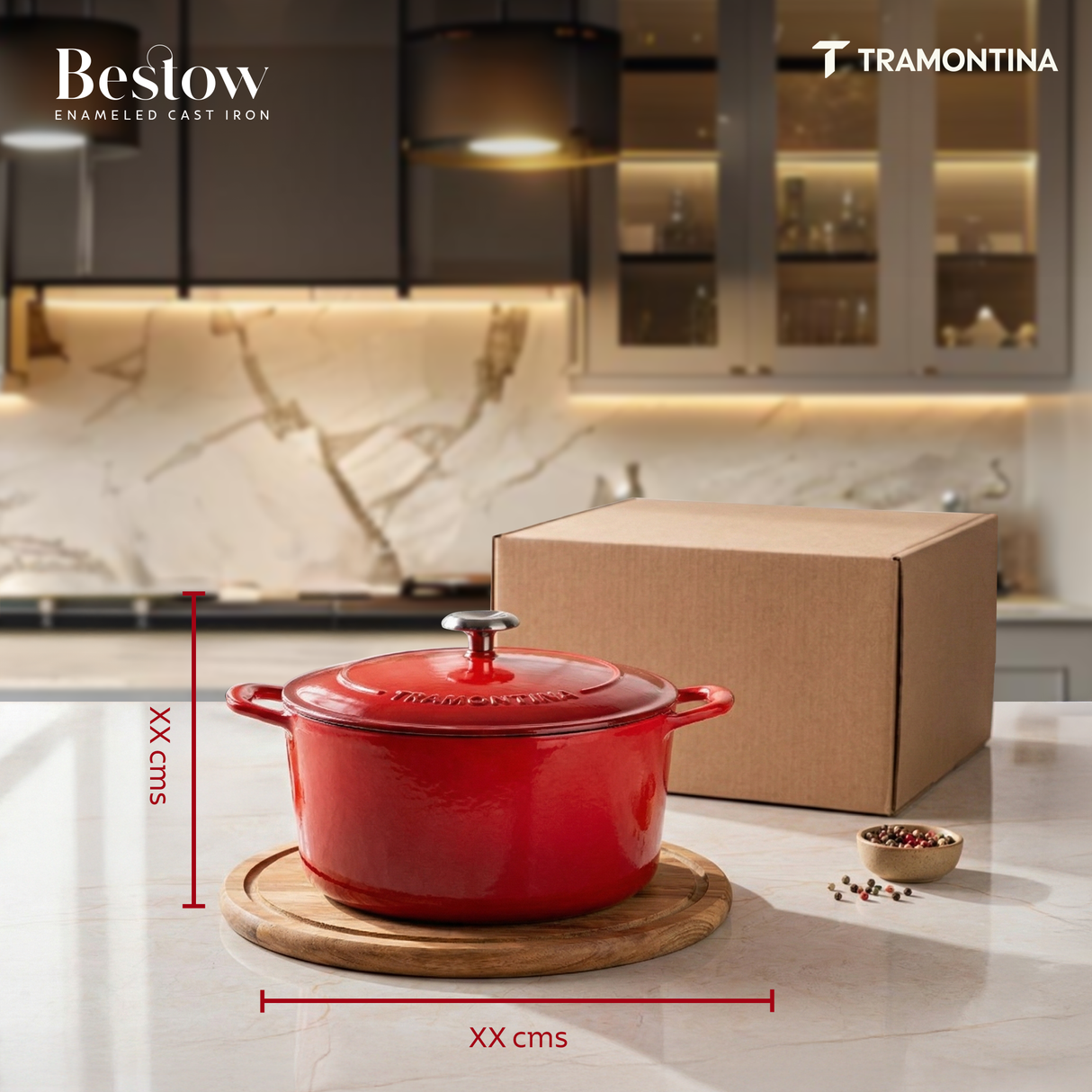 Tramontina India Bestow enameled cast iron round Dutch oven in gradated red, 3.3L casserole pot with a sturdy lid.
