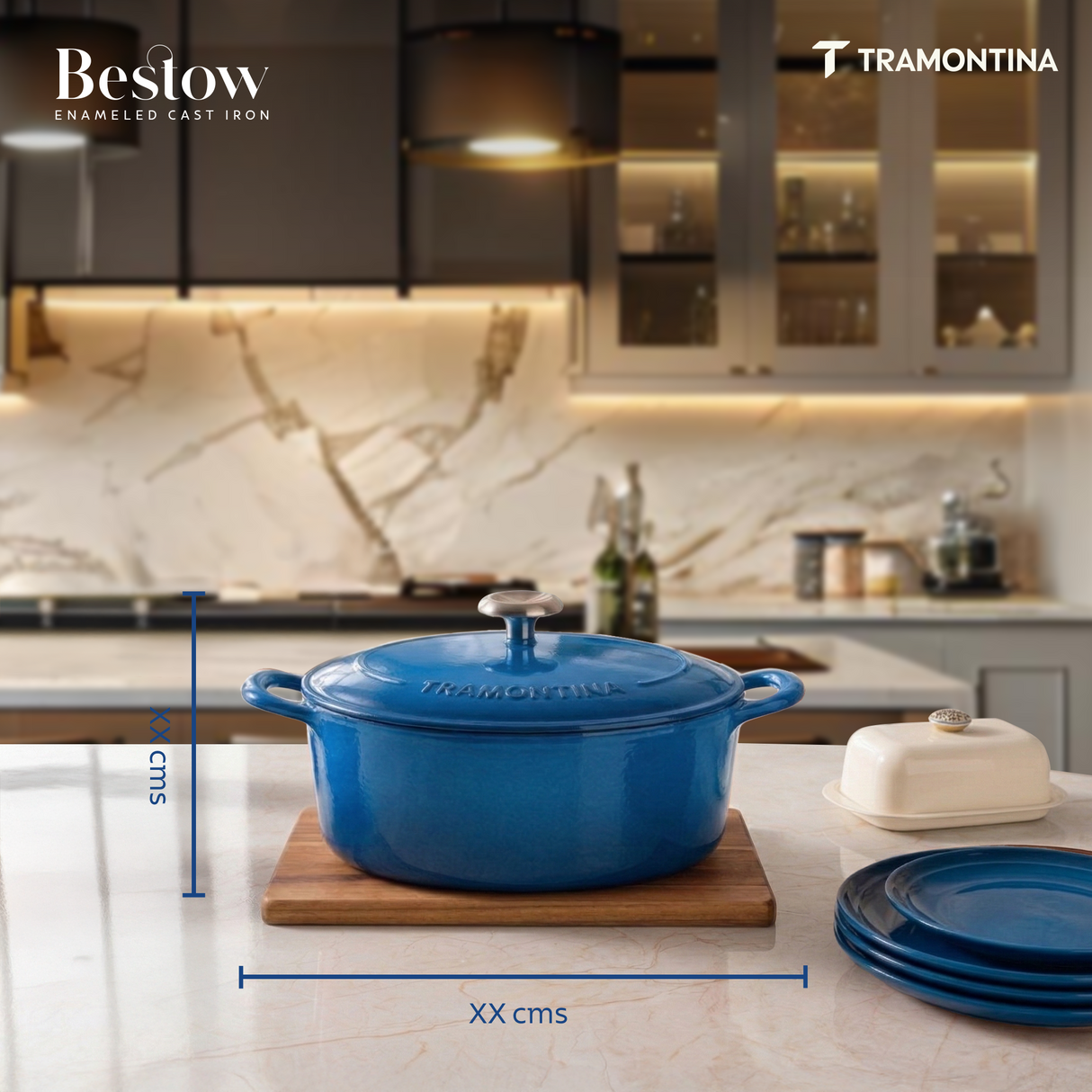 Tramontina India Bestow enameled cast iron oval Dutch oven in medium blue, 5.2L capacity, with sturdy handles and smooth enameled surface.