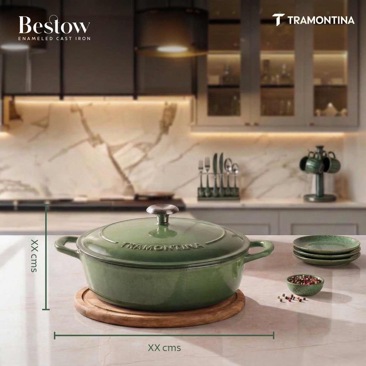 Tramontina India Bestow enameled cast iron round braiser in cactus green, 3.8L capacity, suitable for versatile cooking.