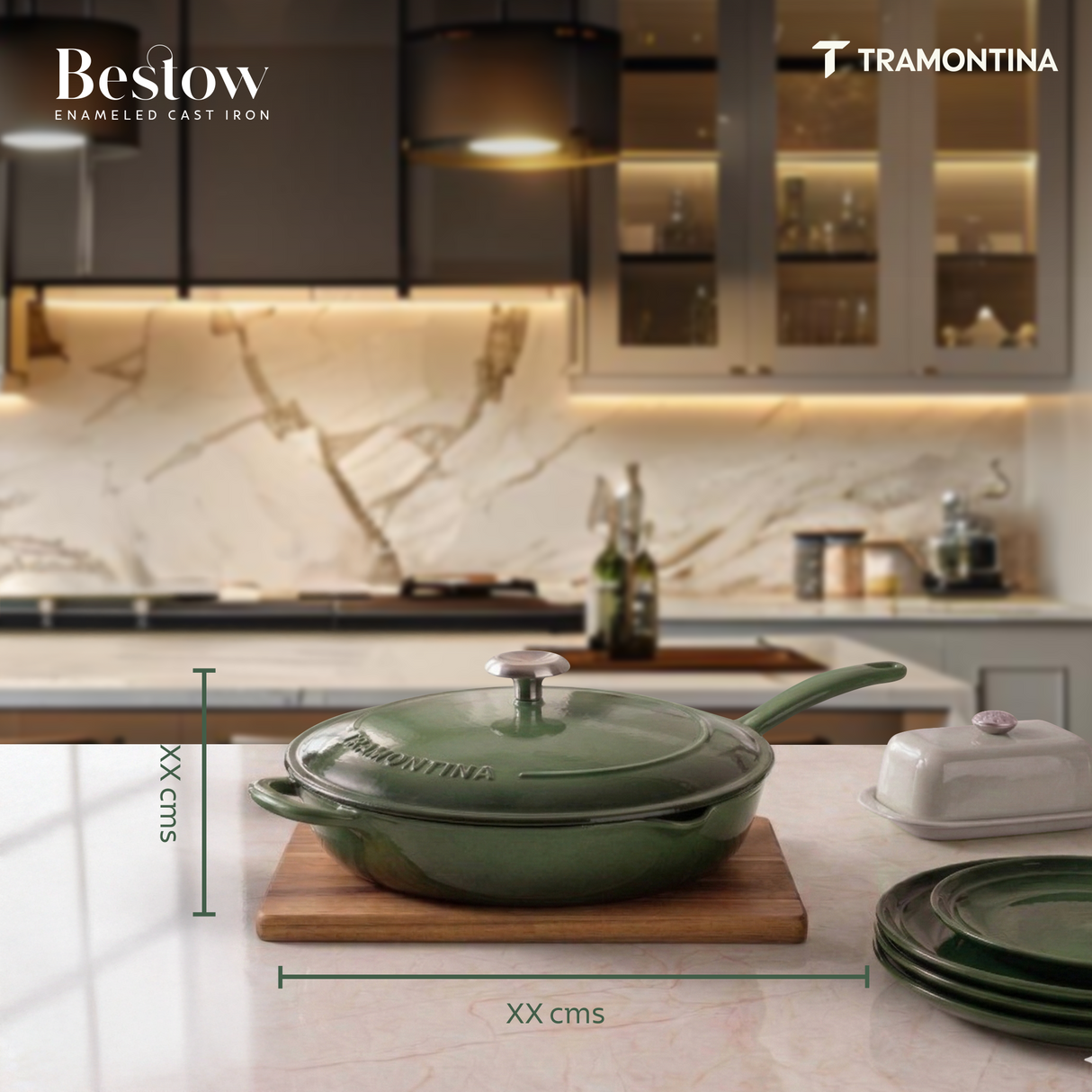 Tramontina India Bestow enameled cast iron 25cm fry pan with cactus green finish and lid, ideal for versatile cooking.