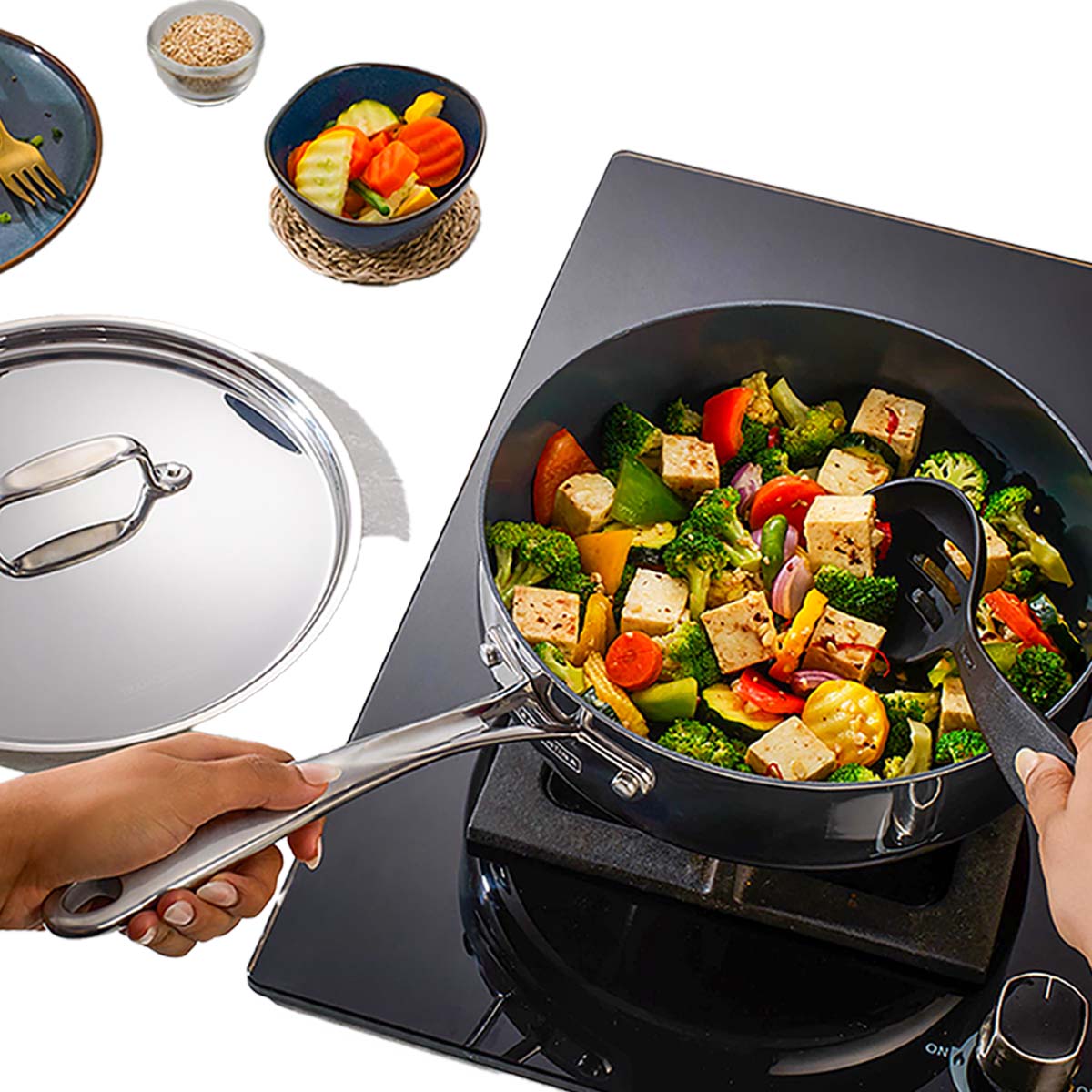 Fusao EX+ 24cm Triply Ceramic Deep Sauté Pan with SS Lid