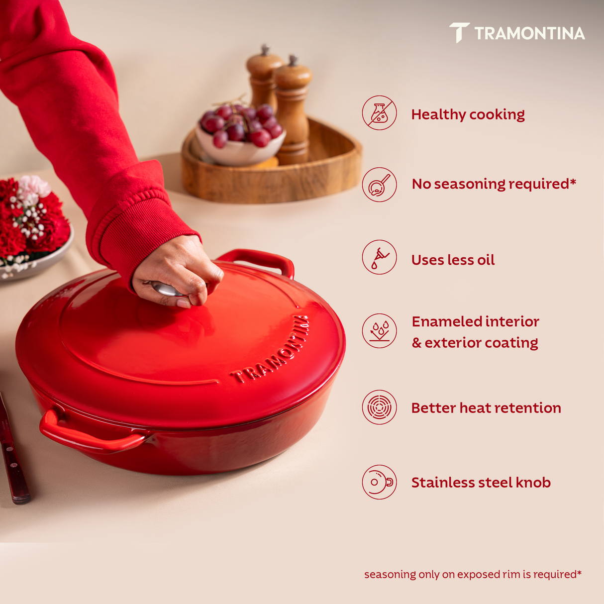 Tramontina India Bestow enameled cast iron round braiser in gradated red, 3.8L, with a sturdy handle and smooth glossy finish.