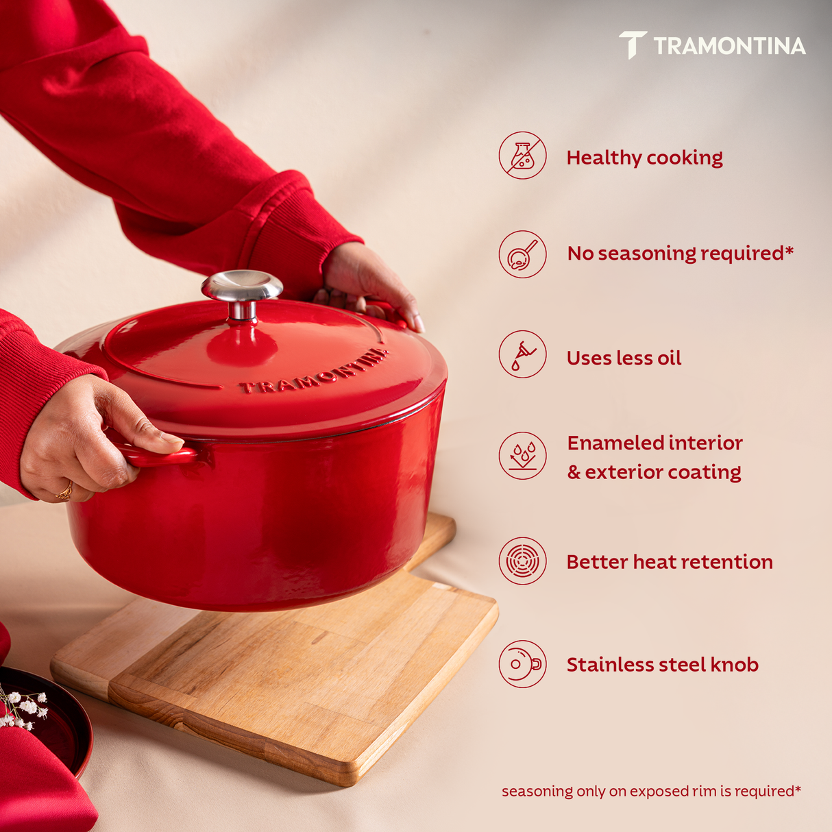 Tramontina India Bestow enameled cast iron round Dutch oven in gradated red, 5.2L casserole with a sturdy lid and vibrant finish.