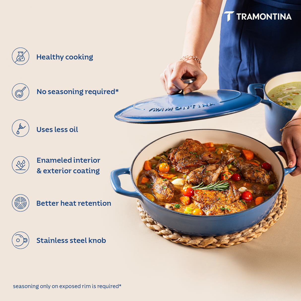 Tramontina India Bestow enameled cast iron round braiser in medium blue, 3.8L, with a sturdy lid and smooth, colorful surface.