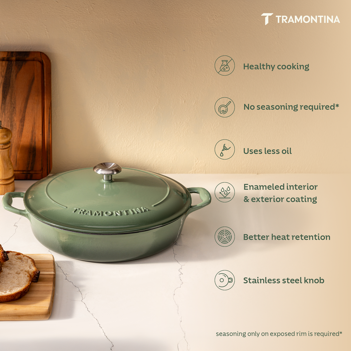 Tramontina India Bestow enameled cast iron round braiser in cactus green, 3.8L, ready for stovetop cooking and serving.