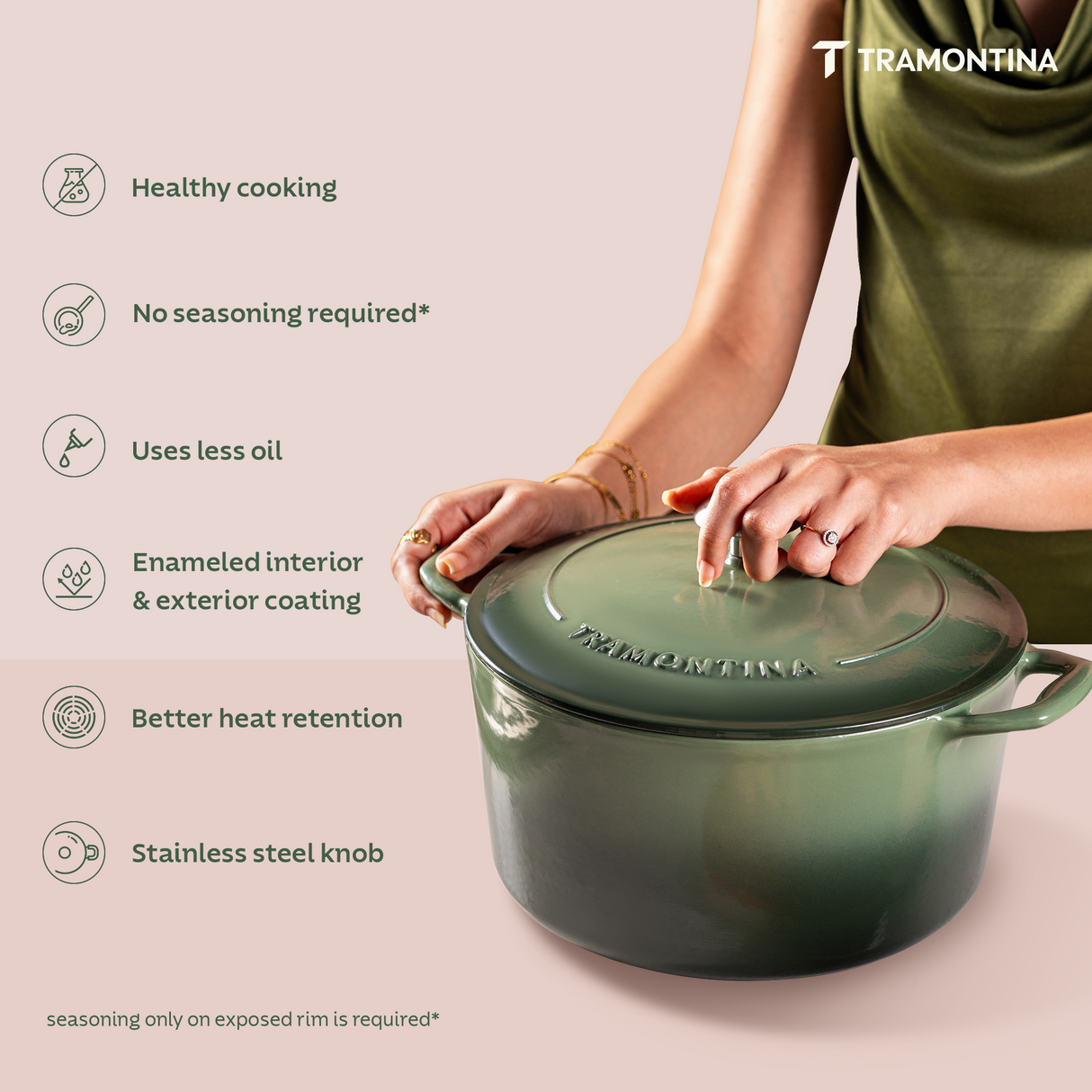 Tramontina India Bestow enameled cast iron round Dutch oven in cactus green, 5.2L capacity for versatile cooking and baking.