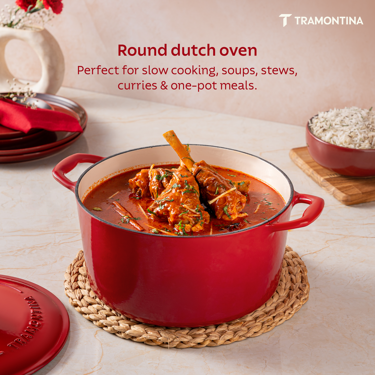 Tramontina India Bestow enameled cast iron round Dutch oven in gradated red, 5.2L casserole with a sturdy lid and handles.