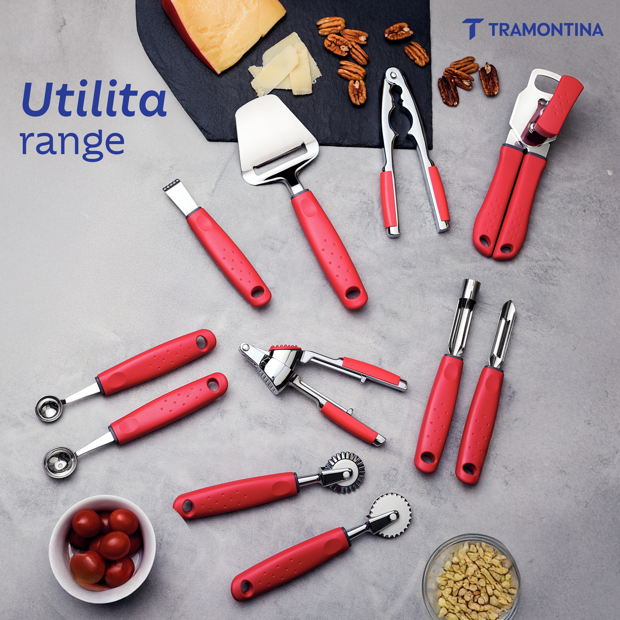 Utilitá stainless steel multiuse tongs with red rubber handle, 30 cm long, ideal for grilling and kitchen use by Tramontina India.